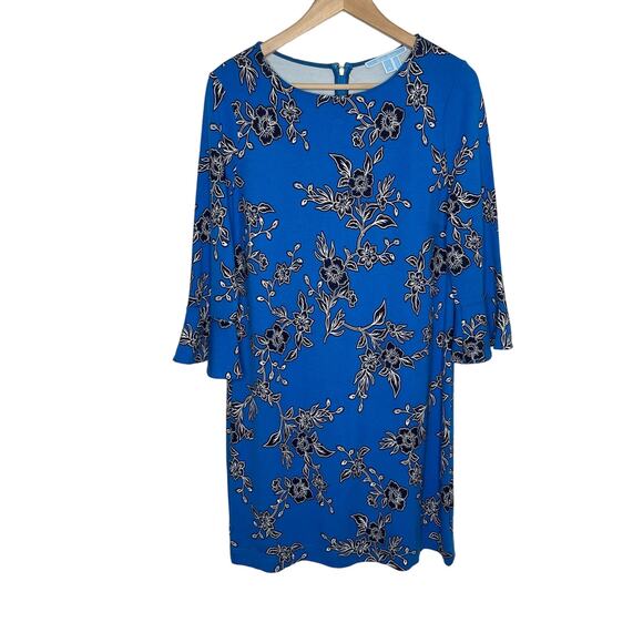 Draper James Womens Geranium Bell Sleeve Shift Dress Medium Blue Floral Stretch - Picture 1 of 9